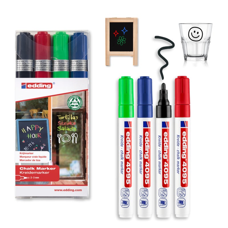 edding 4095 Set-Black, red, Blue, Green Round Nib 2-3 mm-Wet Wipe chalkboards, Windows, Glass, Mirrors-Liquid Chalk Marker Opaque Coverage, 4 pen, 22: Set of 4-Multi-Coloured - Image 1